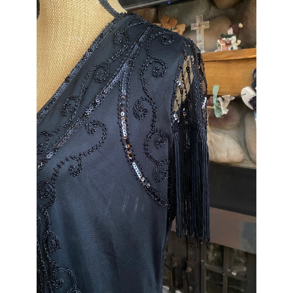 Black Beaded Fringe Flapper Dress Gatsby Art Deco Style Miss Chen New with Tags